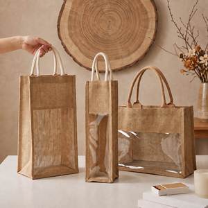 Sac à main en jute avec empiècements en PVC transparent, différentes tailles, pour emballage cadeau de vin, personnalisation en gros disponible - Product Image 2