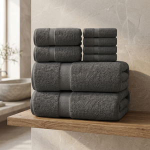 Ensemble de serviettes de bain en coton biologique écologique gris foncé, couleur unie, tissées, douces pour la peau, pour la maison et les nouveau-nés - Product Image 1