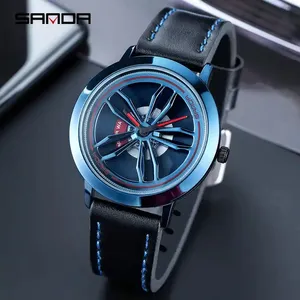 SANDAブランドの男性用高級時計スタイリッシュな360回転3D中空回転フライホイールクォーツ時計ファッションレザー腕時計