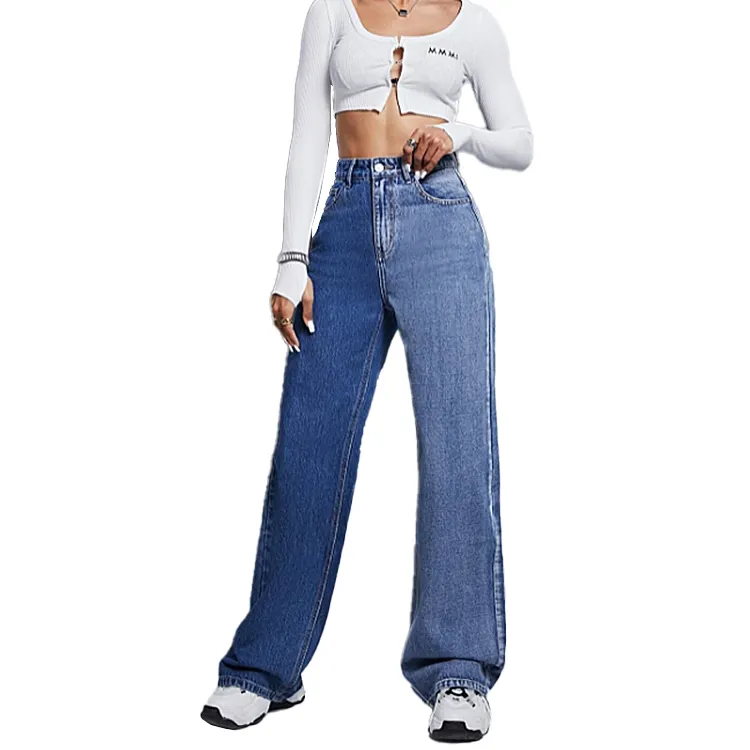 New Oversized women blue Patchwork jeans for quick delivery straight denim trousers for custom logo sizes Ready to Ship pants
