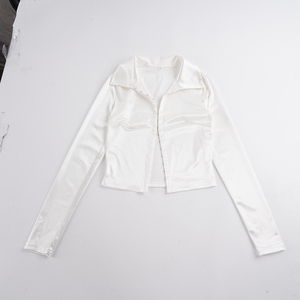 Women's Satin Long Sleeve Crop Top V Neck Slim Fit Blouse Front Zip Casual <b>Y2K</b> Fashion Women's <b>Shirt</b> - Product Image 2