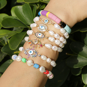 Bracciale di alta qualità placcato oro 18 carati con occhio di Allah, perla barocca d'acqua dolce naturale e mano di Hamsa, regalo per donna - Product Image 3