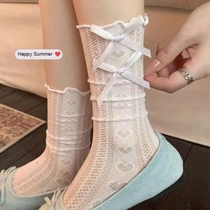 Lace Patterned Mid Calf <b>Socks</b> For Women White Cotton Bow Tie Slouch Style Breathable Summer Ballet <b>Socks</b> - Product Image 2