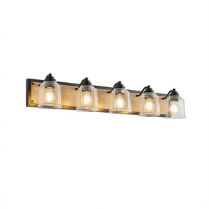 Modern <b>Industrial</b> 5-Light Farmhouse Vanity Light Black Finish Wood Backplate Clear Seeded Glass Bathroom <b>Mirror</b> Lamp - Product Image 1