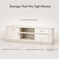 Meuble TV moderne crème écologique avec étagères ouvertes, panneaux latéraux, console multimédia et tiroirs pour chambre, salon, petit appartement, salle à manger