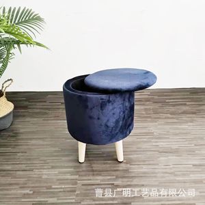 Blue Velvet <b>Storage</b> <b>Stool</b> <b>With</b> Wooden Legs Home Ottoman For Living Room Bedroom - Product Image 1