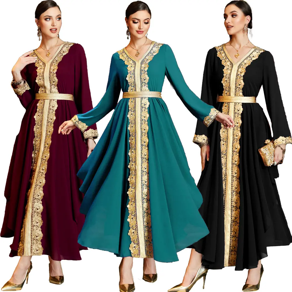 Saia longa Kaftan para mulheres muçulmanas árabes, vestidos luxuosos de renda sem costura bordados com lantejoulas abaya muçulmanos