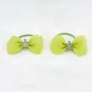 2 PCS Bright Green Handmade Double Bows Diamond Crown Boutique Hair Ties Rubber Band Ponytail for Girls and Women