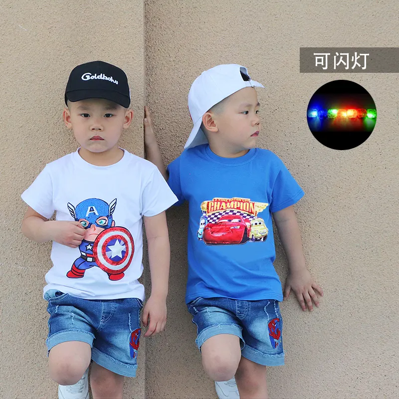 Children's T-shirt LED light summer cotton baby clothes fashion kids cartoon clothing kids clothing Spiderman