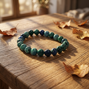 Bracelet en perles d'azurite et de malachite, pierre naturelle, minimaliste, extensible, unisexe, à porter au quotidien - Product Image 1