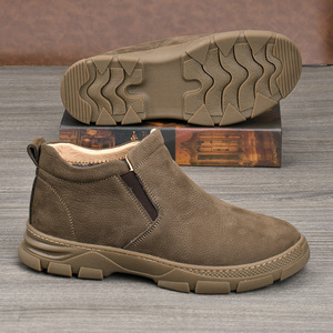 Chelsea Boots Men Genuine Leather Ankle Height <b>Round</b> Toe Slip-On <b>Cushioned</b> Rubber Outsole Autumn Solid Color Plush Lining - Product Image 2
