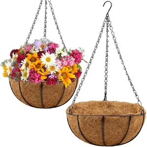 Wirehanging basket with coco liner 12inch coco hanging basket with metal lock round wire plant holder with chain for decor
