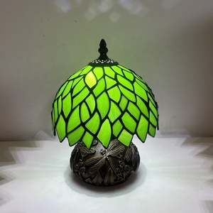 LongHuiJing Tiffany Mini Stained Glass Table Lamp Green Wisteria Leaf Style Mushroom Table Lamp Sympathy Memorial Lamp 8 Inch - Product Image 2