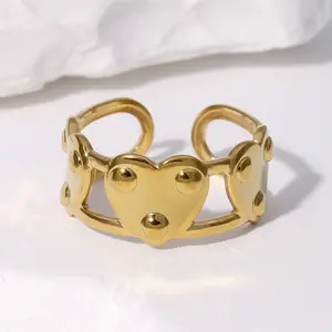 Fashion Luxury Famous Brand Love Engrave Jewelry 18K PVD Gold Plated Hollow Open Ring Stainless Steel Rivet Heart Stacking Ring