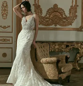 Ruolai PWD-H1145 Luxury Crystal V Neck vestido de novia Long Mermaid Wedding Dresses