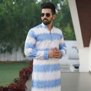 Ensemble Kurta Pyjama Homme en Coton PC Lourd Brodé Imprimé Effet Ombré Tenue Traditionnelle Ethnique Élégante pour Mariage et Fêtes - Product Image 1
