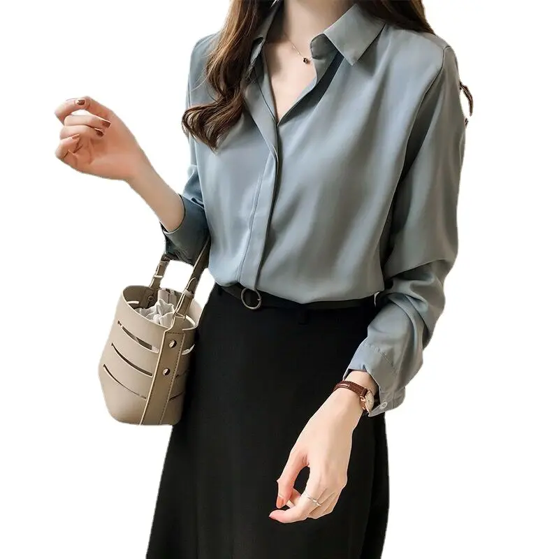 Simple Loose Cardigan White Blouse Women V Neck Shirts Office Ladies Long Sleeve Career Tops Business Tee Chiffon Formal Blouses