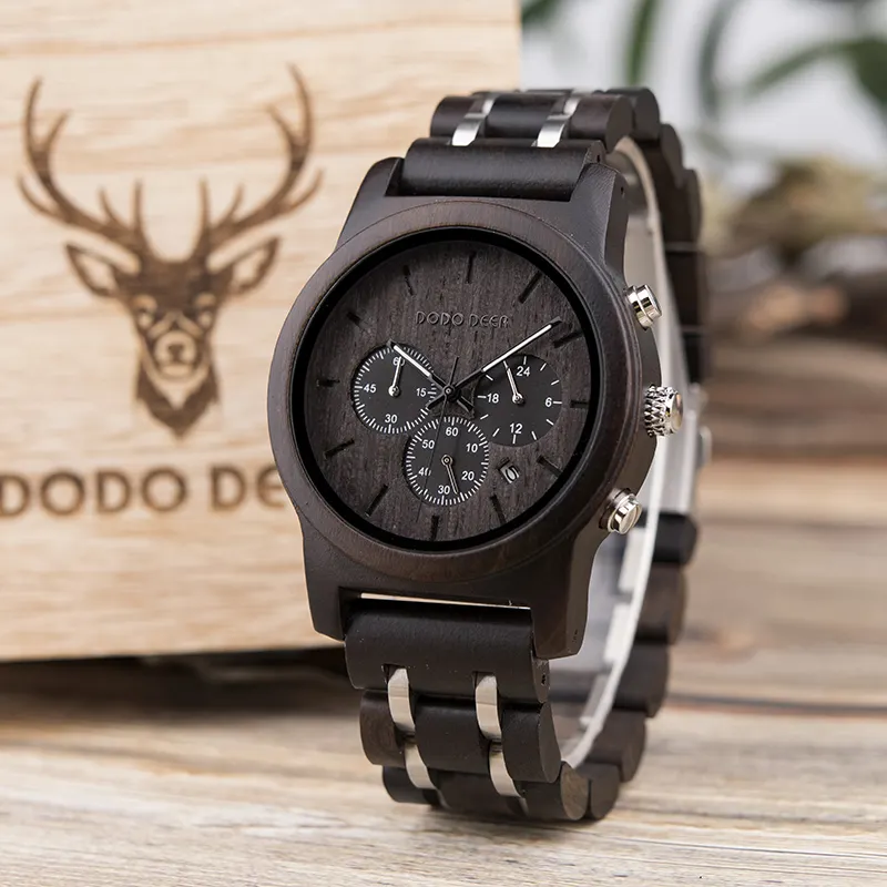 DODO cervo Design classico cronografo da uomo orologi orologio in legno 2023 scatola di vetro in acciaio inox pacchetto di fibbia rotonda CE ROHS 70g