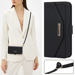Étui de téléphone à rabat en cuir PU avec bandoulière, porte-cartes, miroir et protection intégrale - Product Image 5
