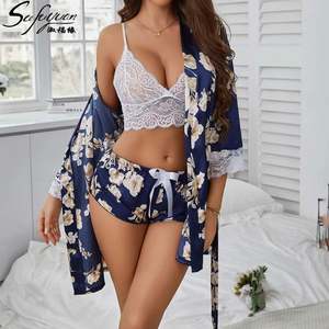 SFY8699 High Quality Women's Mid-Length Five-Piece Bodysuit Pajamas Set Printed Lace Family Dress <b>Sexy</b> Breathable <b>Sheer</b> <b>Lingerie</b> - Product Image 1