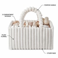Keranjang Popok Bayi Modern Putih Persegi Panjang 3 Kompartemen dengan Pegangan Pompom, Organizer Perlengkapan Bayi