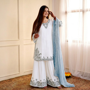 <b>White</b> Embroidered Kurta Pajama Set Cotton Slub Indian Pakistani <b>Top</b> and Pants Ethnic Wear for Women - Product Image 1