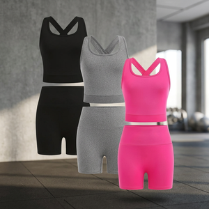 Conjunto de Ropa de Yoga para Niñas, Sujetador Deportivo con Espalda Cruzada, Pantalones Cortos de Cintura Alta, Negro, Gris, Rosa, Spandex, Poliéster, Secado Rápido, Conjunto de Spandex/Algodón - Product Image 2