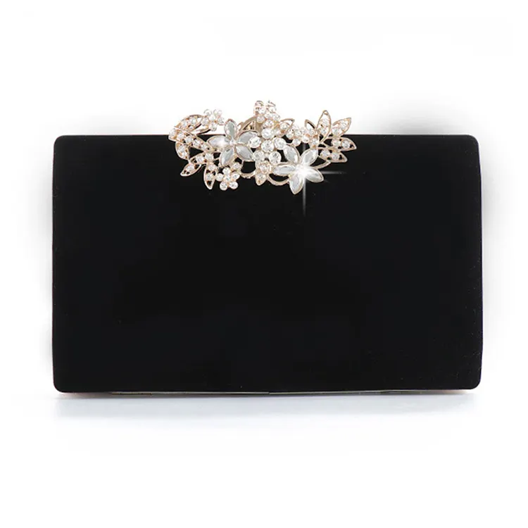 빈티지 벨벳 저녁 클러치 가방 절묘한 다이아몬드 꽃 잠금 여성 웨딩 가방 파티 지갑 블랙 핸드백 어깨 가방