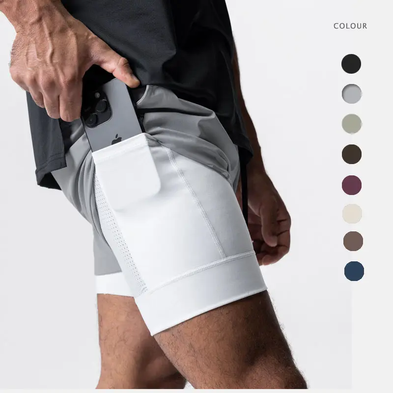 Pantaloncini da uomo con fodera da 7 pollici a doppio strato con cerniera traspirante Stretch Running Training sport Casual Quick Dry Gym Shorts