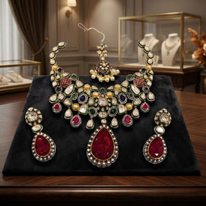 Parure de bijoux indiens en laiton plaqué or avec collier double et boucles d'oreilles – Accessoires tendance pour mariage et fiançailles - Product Image 3