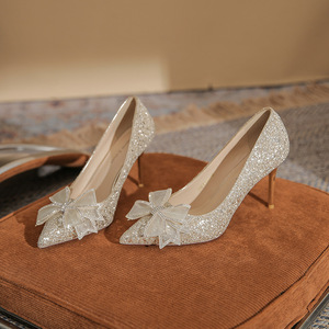 Zapatos de Novia con Tacón de Aguja y Punta Puntiaguda, con Lazo, Zapatos de Boda con Tacón Alto de 5 cm y 8 cm, Tendencia de Moda, Forro de Satén Sólido - Product Image 1
