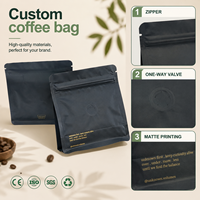 Pochettes à café personnalisées imprimées en noir mat à fond plat, différentes tailles 250g 500g 8oz 12oz 16oz avec valve et fermeture éclair