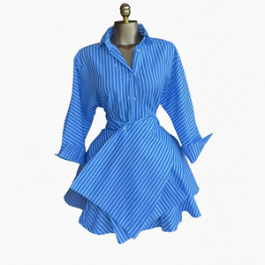 Vestido Camisero Azul a Rayas con Lazo Cruzado, Dobladillo Asimétrico, Manga Larga, Mini Vestido Casual para Primavera - Product Image 1
