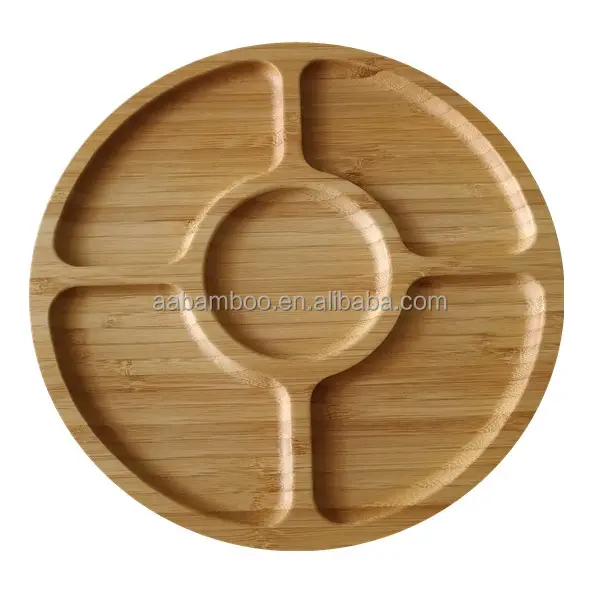Bambu de madeira redonda rotativa frutas secas lanche bandeja prato de servir com divisórias