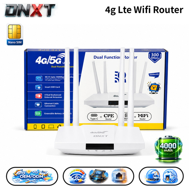 DNXT 4g Router LTE Cat4 2.4GHz Wifi 6 Router 4000mAh 300Mbps 4g Lte Router WAN/LAN Type-C 4g Router with Sim Card Slot Work Use