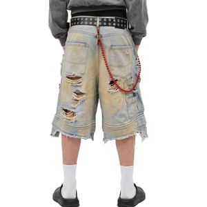 Shorts en jean pour hommes à double taille, très déchirés et usés, coupe brute, jambe large, délavé vintage, style streetwear - Product Image 2