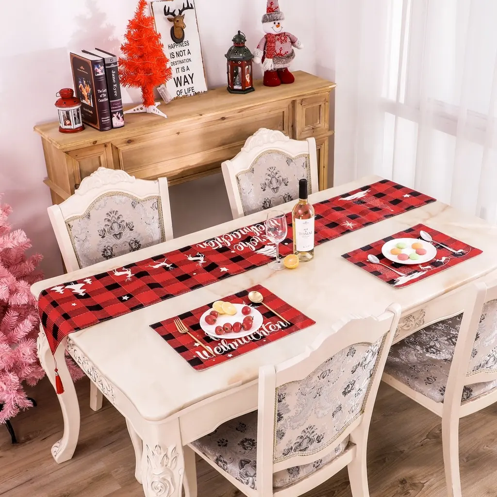 Christmas Red Black Buffalo Plaids Dinning Table Placemats Xmas Winter Holiday Decoration Cartoon Snowflake Table Mats