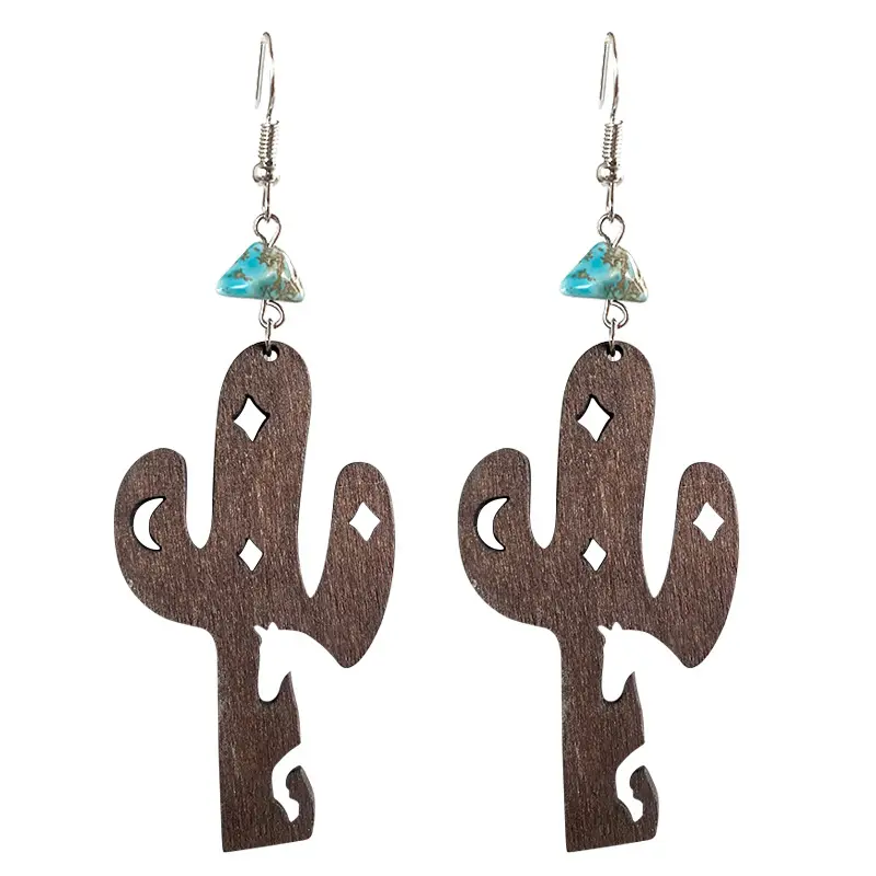 Western Cowboy turquoise Wooden Cactus Earrings Hollow Cow Horse Star Retro European American Style Earrings Jewelry Wholesale