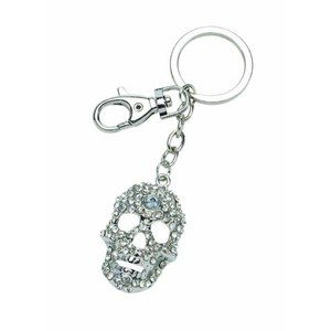 Portachiavi con teschio di cristallo con strass, catena in metallo tono argento e chiusura per donna e uomo, accessorio di moda - Product Image 1
