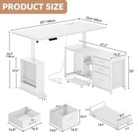 Bureau en bois durable en forme de L de 63 pouces avec 3 tiroirs, bureau électrique réglable en hauteur, blanc