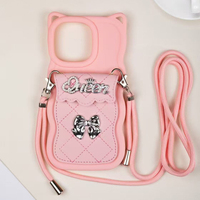 Coque de téléphone pour Redmi A5 avec lanière style fille, oreilles de chat mignonnes et bord ondulé, étui portefeuille à bandoulière pour Redmi 15C Note 14 Pro