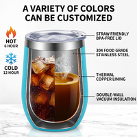 Gobelet à vin isotherme en acier inoxydable à double paroi de 12 oz, sans pied, en forme d'œuf, avec couvercles
