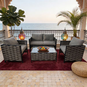 Conjunto de Sofá Tejido de Inspiración Marroquí para Exteriores, 4 Piezas, con Mesa de Centro de Vidrio, Colores de Cojines Personalizables, para Terraza Costera - Product Image 2