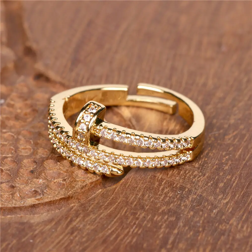 Trendy Classic Micro Pave Cubic Zirconia Nail Shape Finger Ring 18K Gold Plating Adjustable CZ Zircon Nail Ring For Women