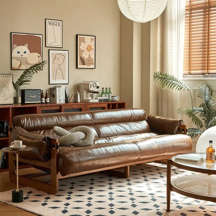 Hot Bán Đồ Nội Thất Phòng Khách Bất Da Bò Thẳng Hàng Rắn Gỗ Retro Dầu Sáp Da Phòng Khách Sofa