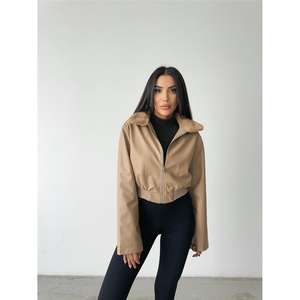 Blouson en cuir beige avec col en fourrure de mouton, logo personnalisé, blazer en satin pour femmes, saison automne, taille XL - Product Image 2