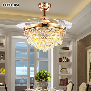 Bán Buôn 42-Inch Vàng Deluxe Acrylic Có Thể Thu Vào DC Điều Khiển Từ Xa Vô Hình Đèn Chùm Pha Lê Quạt Đèn Trần Ánh Sáng Với Fan - Product Image 2