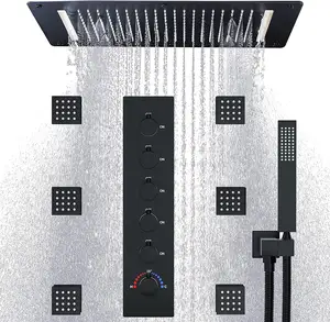 Black Ceiling Mounted Thermostatic Mixer Bathroom Shower Set Bathroom Rainfall Shower System Body Jets