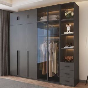 <span class=keywords><strong>Armadio</strong></span> Moderno Grigio con Ante in Vetro, Scaffali Aperti, Illuminazione LED e Cassetti RTA - Product Image 1