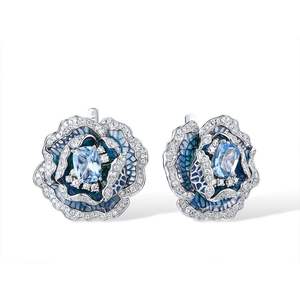 Boucles d'oreilles unisexes de luxe LAVINA, uniques, vintage, en argent sterling 925, avec zircone cubique de couleur aqua, émail floral - Product Image 1